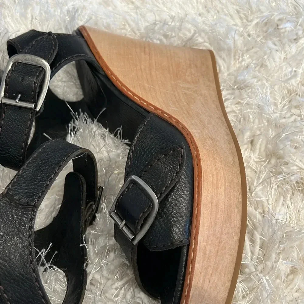 Chloe Black Leather Wooden Wedge Heel